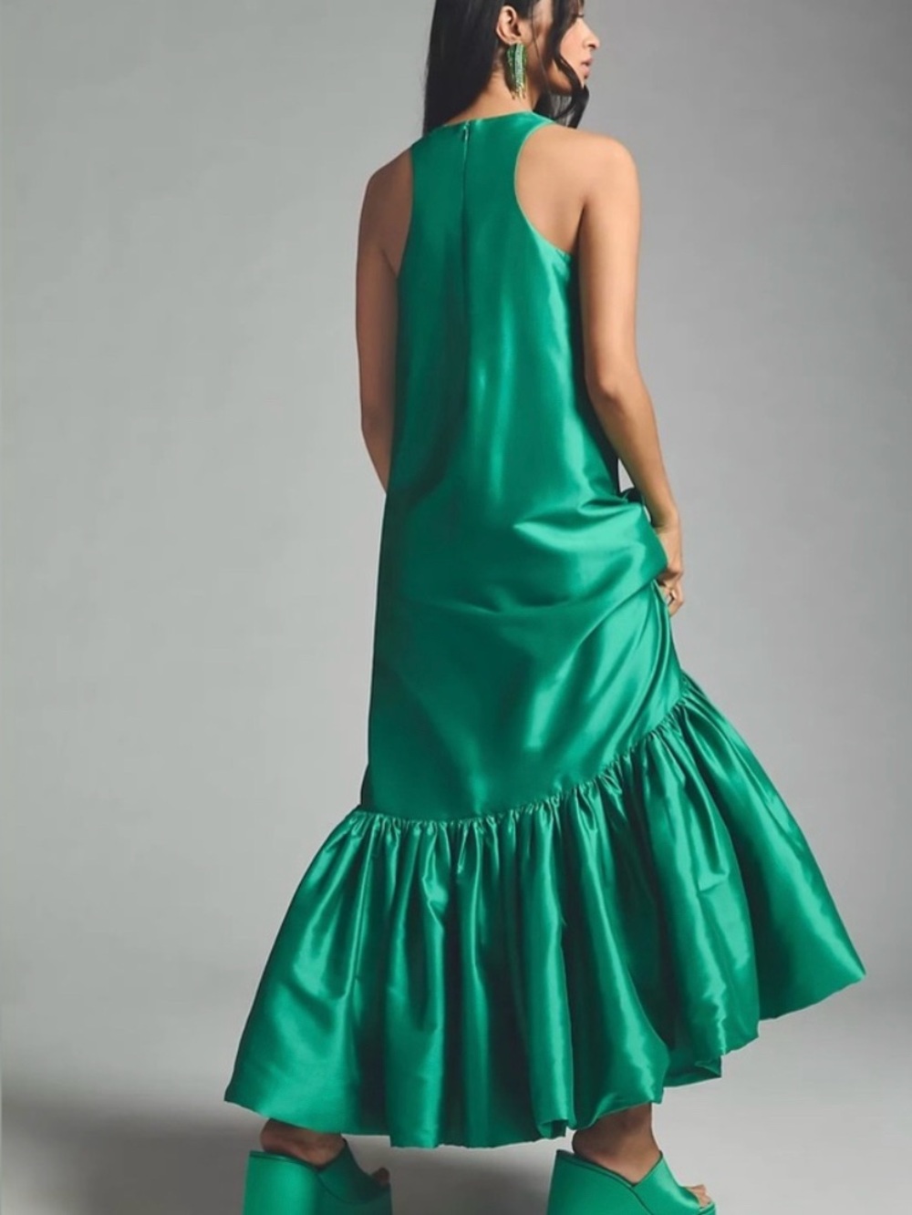 Anthropologie Emerald Green Sleeveless Satin Maxi Dress with Ruffle Hem - Picture 3 of 4